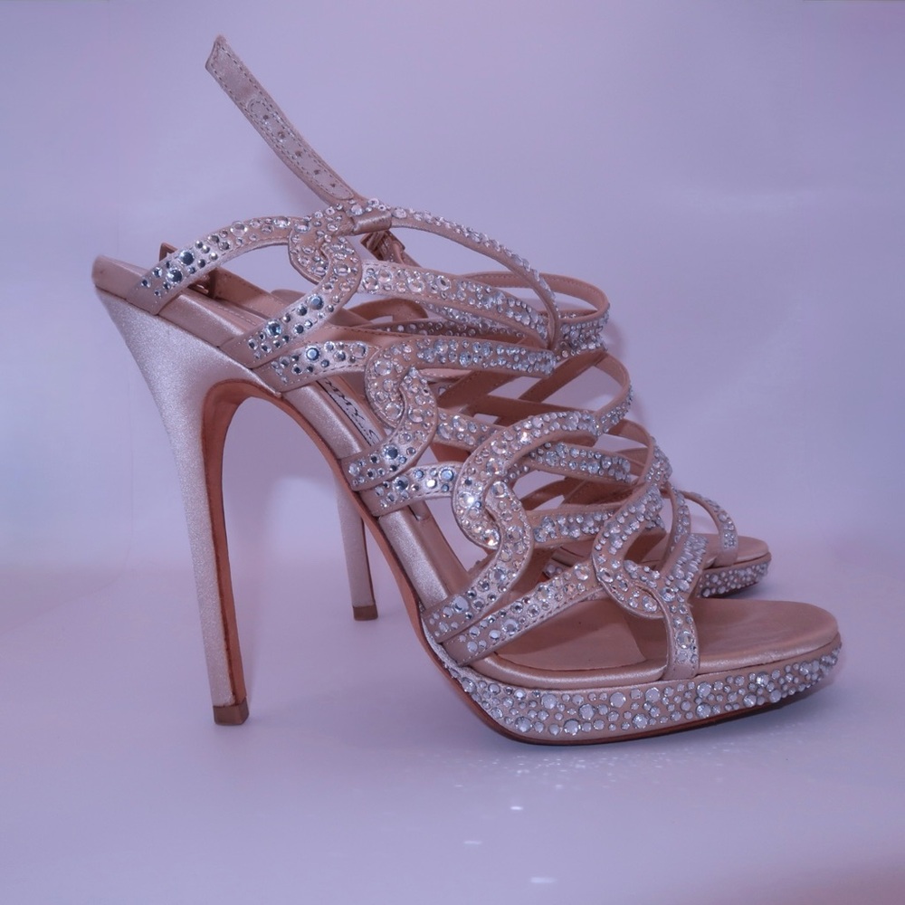 Jimmy Choo Beige Silver Rhinestone Strappy Stiletto Open Toe Heels EU 37.5